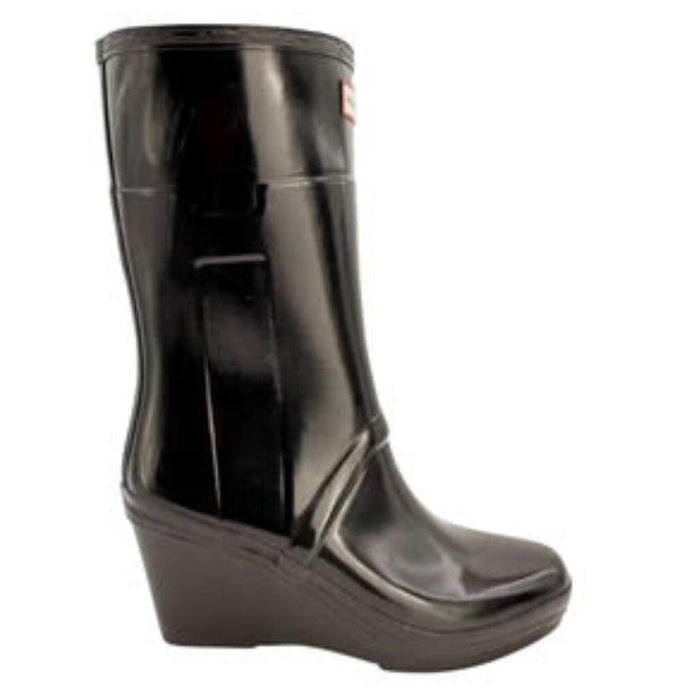 Hunter Original Tall High Gloss Wedge Rain Boots Black Rubber Heeled WMS Size 8 - Picture 7 of 15